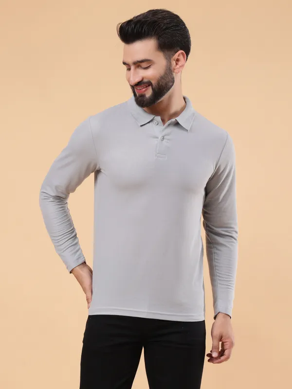 We_Perfect_Solid_Men_Polo_Neck_Grey_T-Shirt