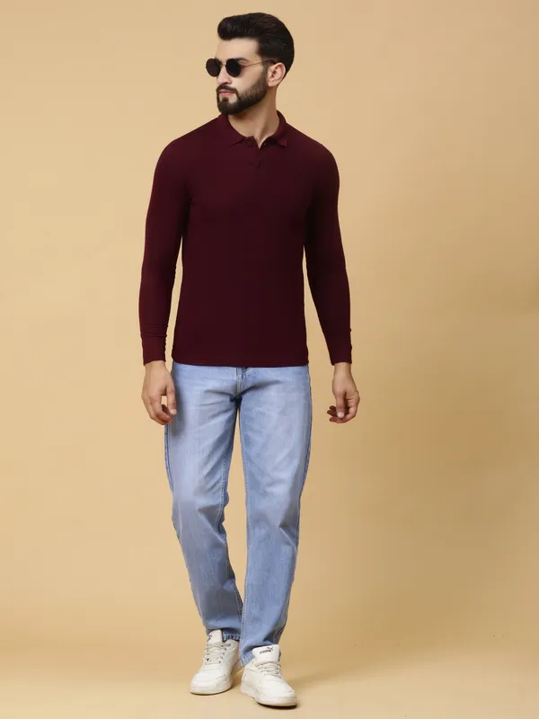 We_Perfect_Solid_Men_Polo_Neck_Maroon_T-Shirt