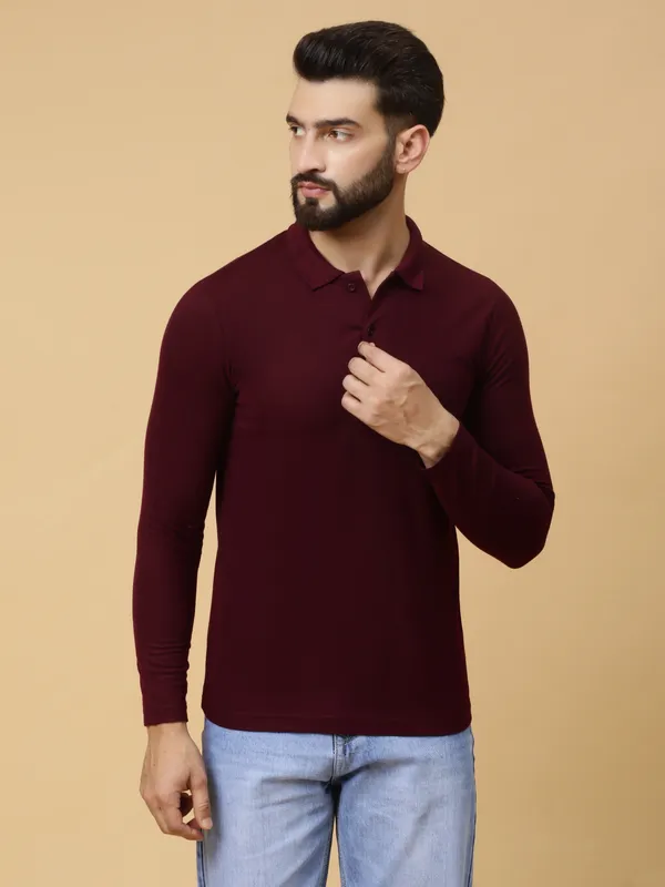 We_Perfect_Solid_Men_Polo_Neck_Maroon_T-Shirt