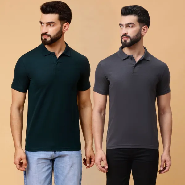 We_Perfect_Solid_Men_Polo_Neck_Green,_Grey_T-Shirt