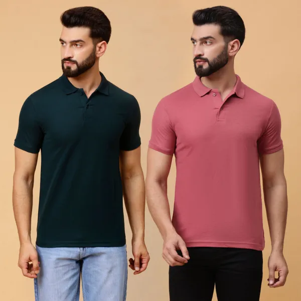 We_Perfect_Solid_Men_Polo_Neck_Green,_Pink_T-Shirt