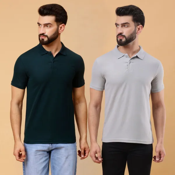 We_Perfect_Solid_Men_Polo_Neck_Green,_Grey_T-Shirt