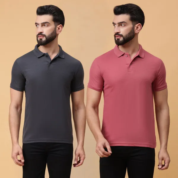 We_Perfect_Solid_Men_Polo_Neck_Pink,_Grey_T-Shirt