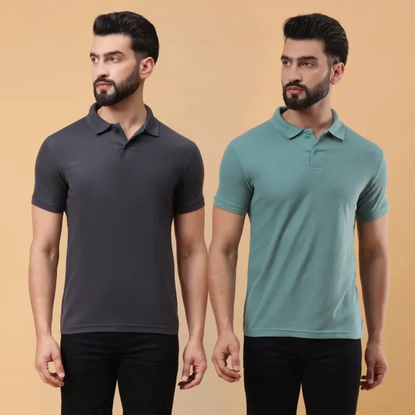 We_Perfect_Solid_Men_Polo_Neck_Grey,_Green_T-Shirt