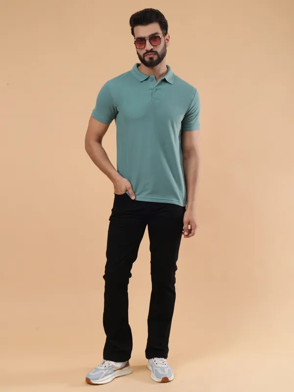 We_Perfect_Solid_Men_Polo_Neck_Grey,_Green_T-Shirt