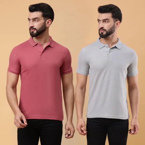 We_Perfect_Solid_Men_Polo_Neck_Pink,_Grey_T-Shirt