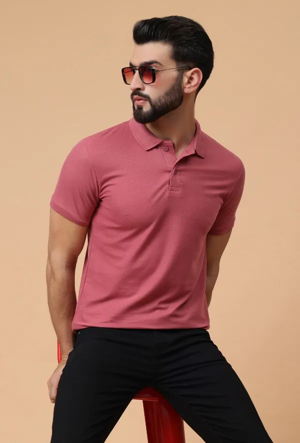 We_Perfect_Solid_Men_Polo_Neck_Pink_T-Shirt