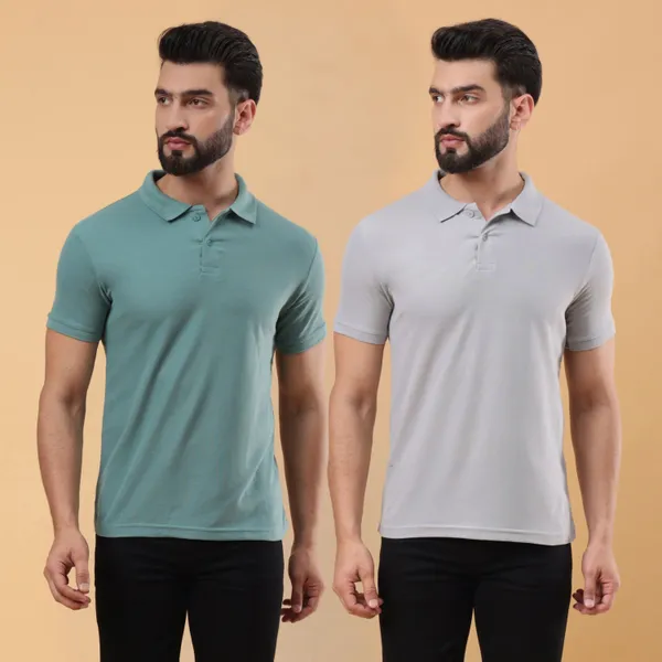 We_Perfect_Solid_Men_Polo_Neck_Green,_Grey_T-Shirt