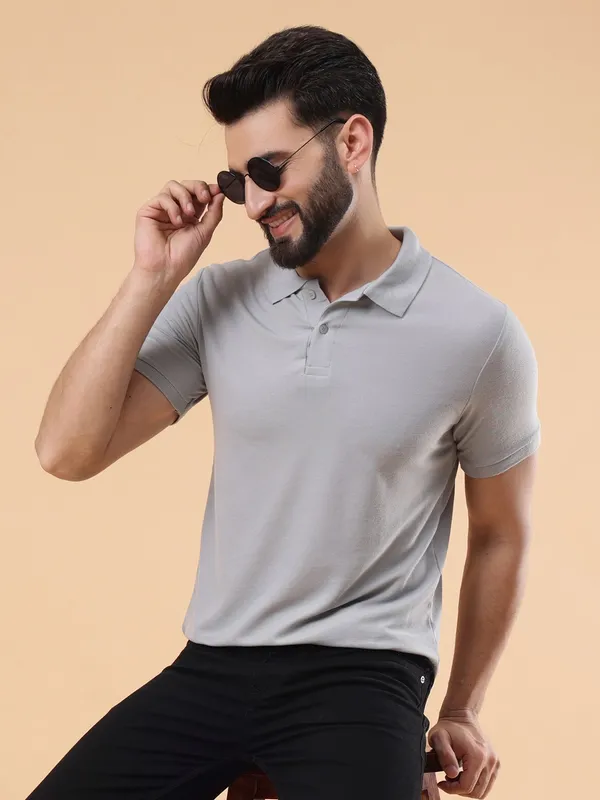 We_Perfect_Solid_Men_Polo_Neck_Grey_T-Shirt