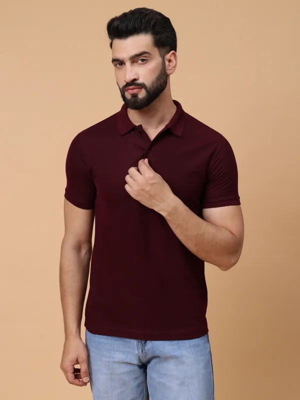 We_Perfect_Solid_Men_Polo_Neck_Maroon_T-Shirt
