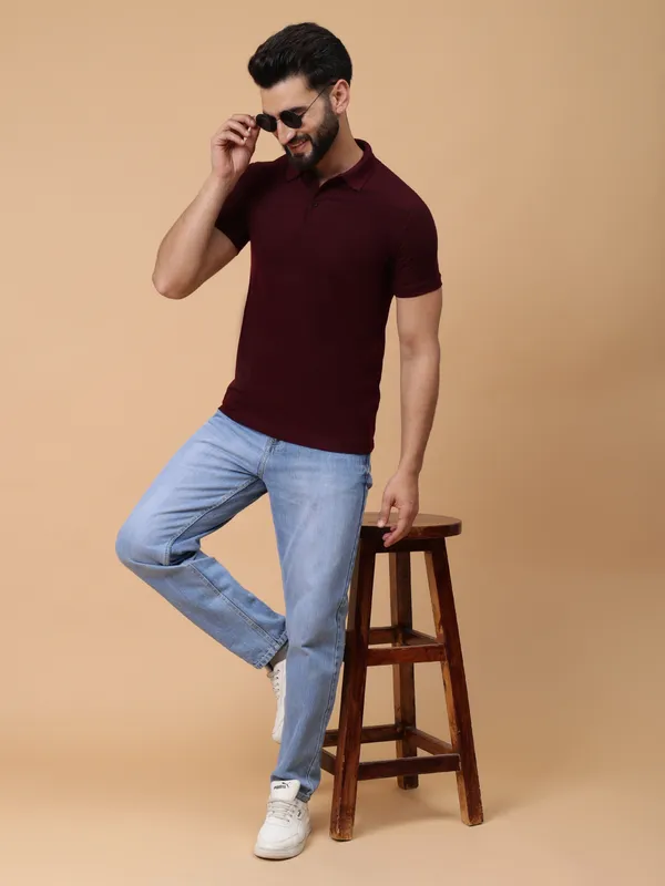 We_Perfect_Solid_Men_Polo_Neck_Maroon_T-Shirt