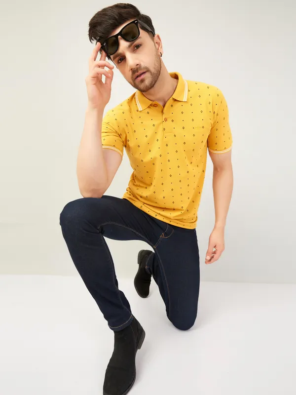 We_Perfect_Printed_Men_Polo_Neck_Yellow_T-Shirt