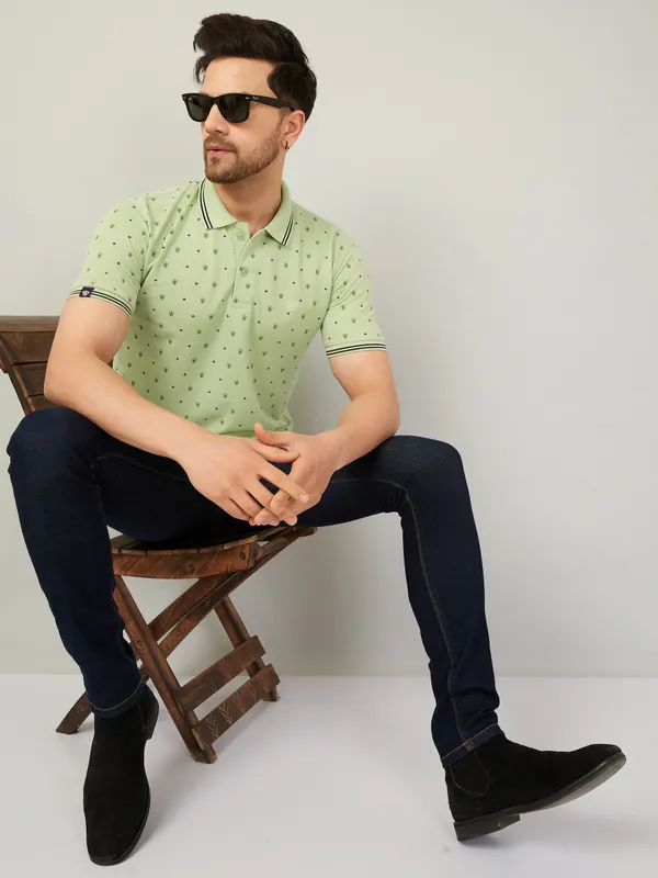 We_Perfect_Printed_Men_Polo_Neck_Green_T-Shirt