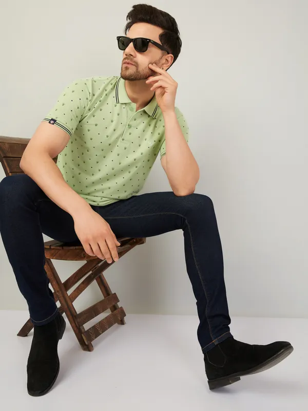 We_Perfect_Printed_Men_Polo_Neck_Green_T-Shirt