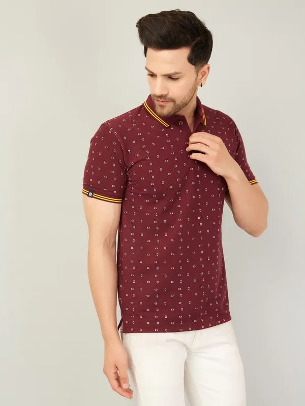 We_Perfect_Printed_Men_Polo_Neck_Maroon_T-Shirt