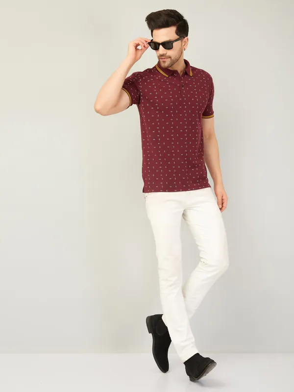 We_Perfect_Printed_Men_Polo_Neck_Maroon_T-Shirt