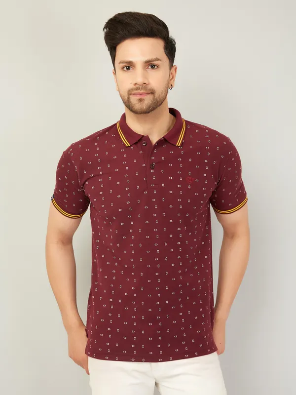 We_Perfect_Printed_Men_Polo_Neck_Maroon_T-Shirt