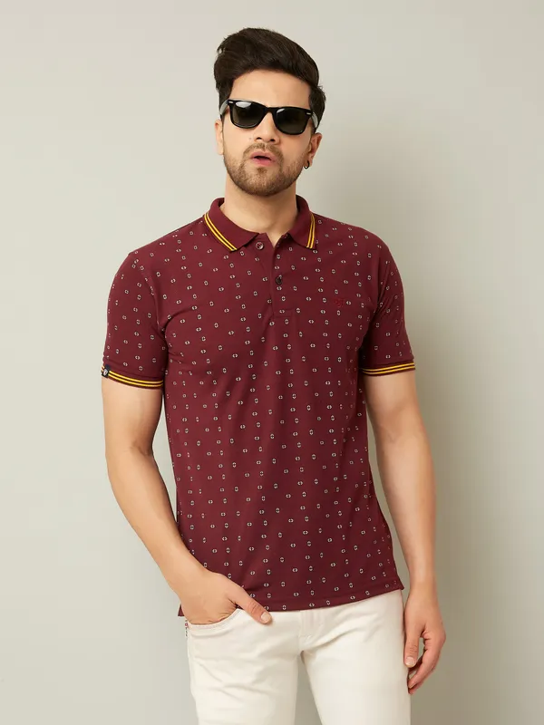 We_Perfect_Printed_Men_Polo_Neck_Maroon_T-Shirt