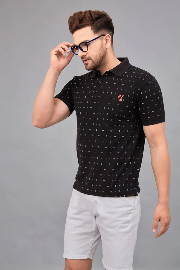 Printed_Men_Polo_Neck_Black_T-Shirt