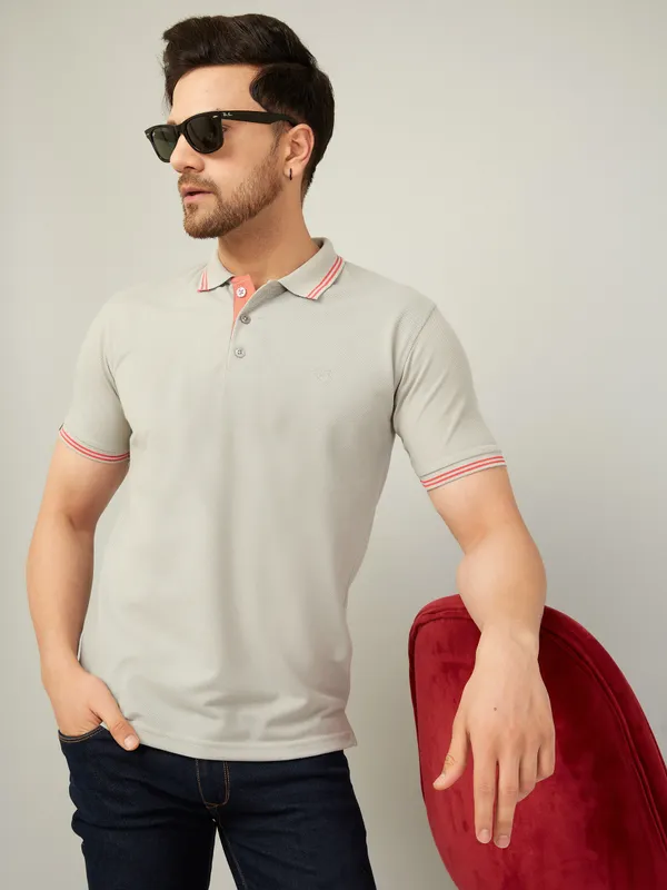 We_Perfect_Solid_Men_Polo_Neck_Beige_T-Shirt