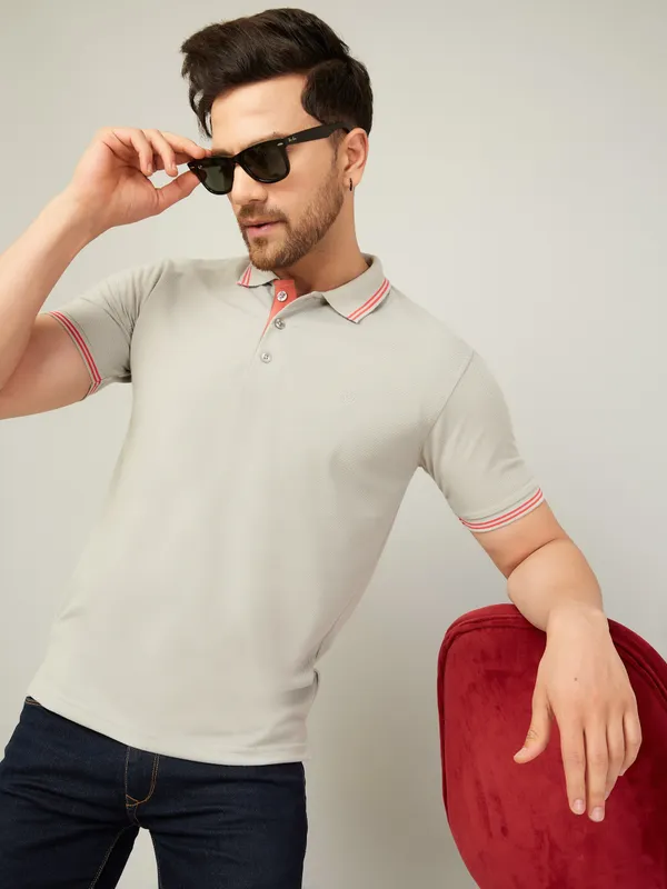 We_Perfect_Solid_Men_Polo_Neck_Beige_T-Shirt