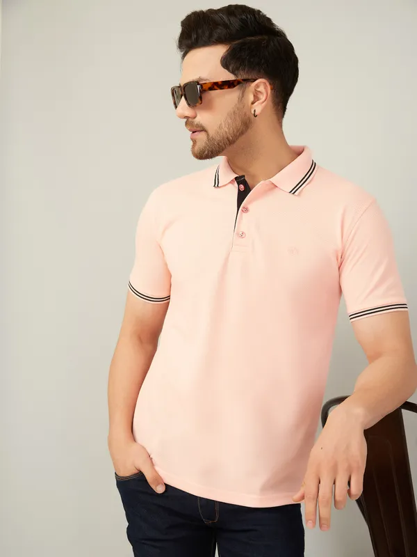 We_Perfect_Solid_Men_Polo_Neck_Pink_T-Shirt