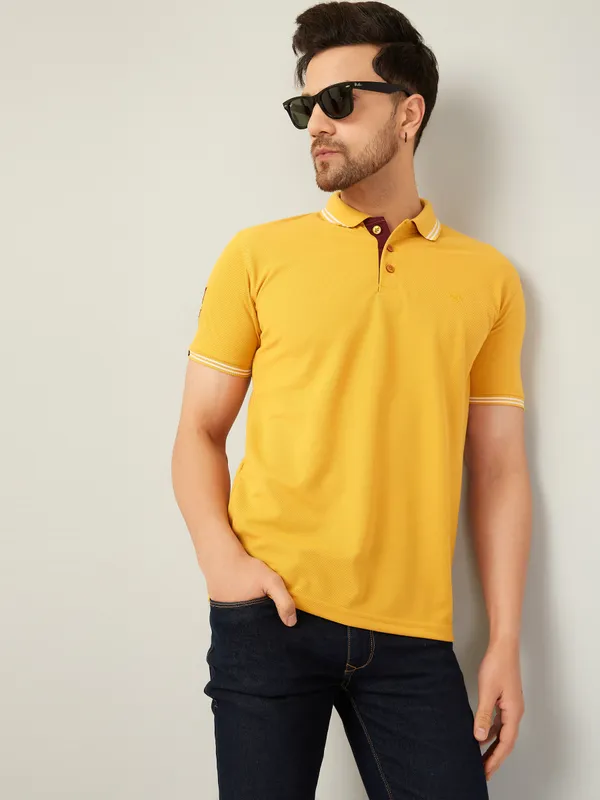 We_Perfect_Solid_Men_Polo_Neck_Yellow_T-Shirt