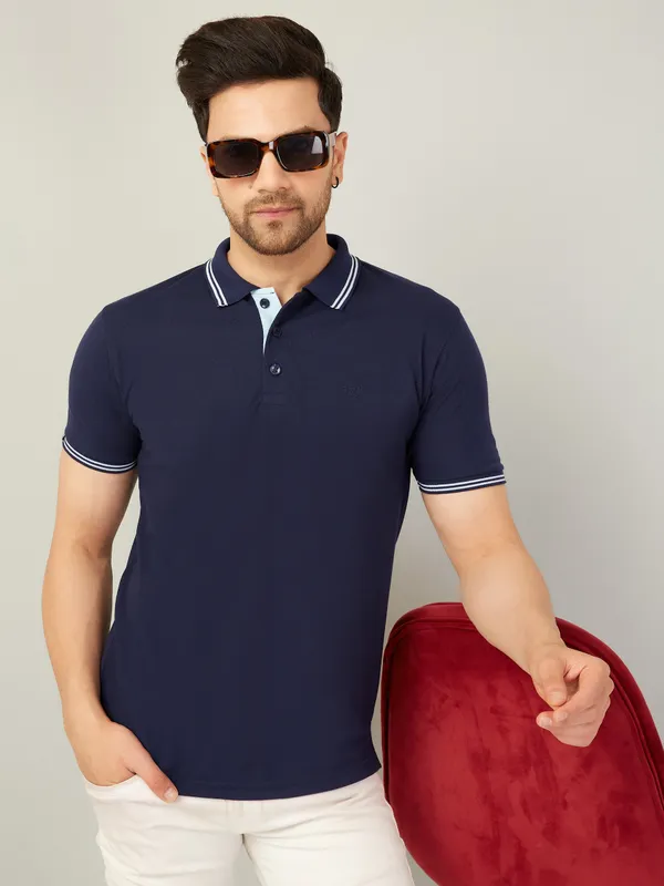 We_Perfect_Solid_Men_Polo_Neck_Blue_T-Shirt