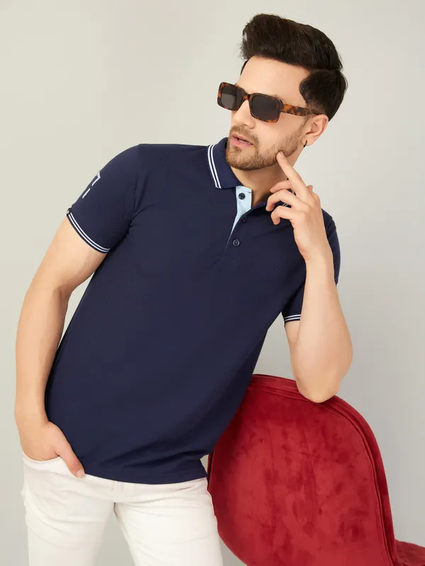 We_Perfect_Solid_Men_Polo_Neck_Blue_T-Shirt