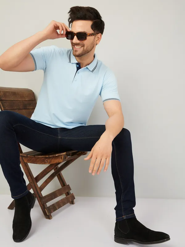 We_Perfect_Solid_Men_Polo_Neck_Blue_T-Shirt