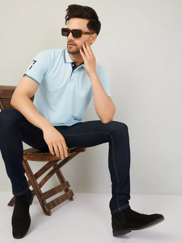We_Perfect_Solid_Men_Polo_Neck_Blue_T-Shirt