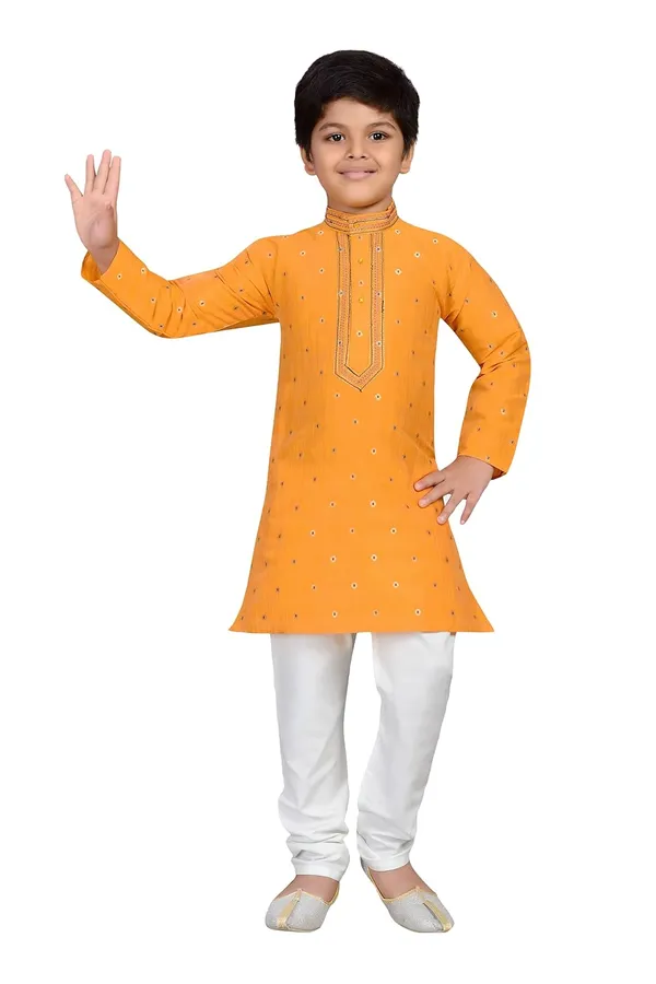Yellow_Kids_Cotton_Silk_Blend_Boys_Kurta_Pyjama_Set
