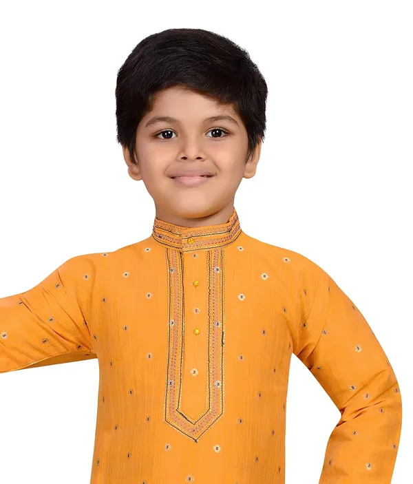 Yellow_Kids_Cotton_Silk_Blend_Boys_Kurta_Pyjama_Set