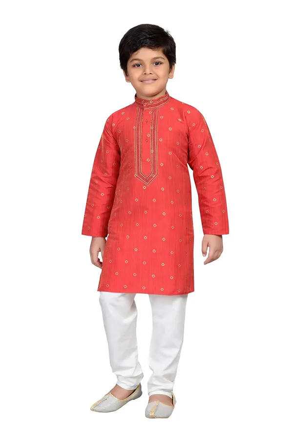 Red_Orange_Kids_Cotton_Silk_Blend_Boys_Kurta_Pyjama_Set