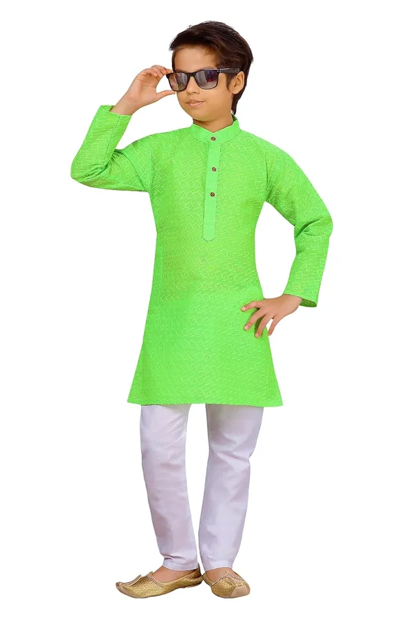Parrot_Green_Ethnic_Wear_Cotton_Kurta_Pyjama_Set_For_Boys