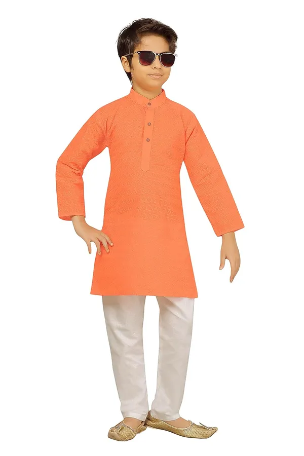 Peach_Ethnic_Wear_Cotton_Kurta_Pyjama_Set_For_Boys