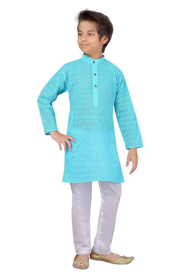 Sky_Blue_Ethnic_Wear_Cotton_Kurta_Pyjama_Set_For_Boys