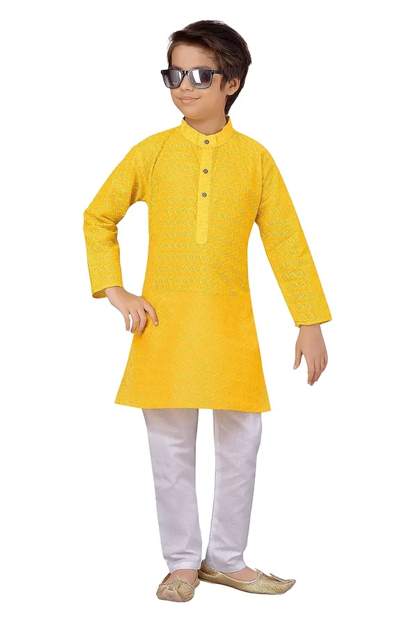 Yellow_Ethnic_Wear_Cotton_Kurta_Pyjama_Set_For_Boys