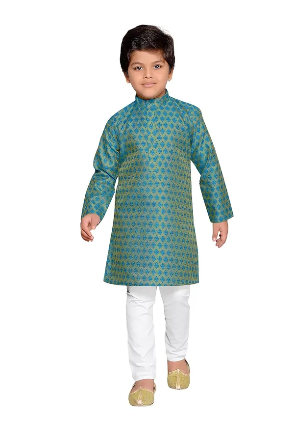 Peacock_Green_Boys_Jacquard_Silk_Kurta_And_Pyjama_Set