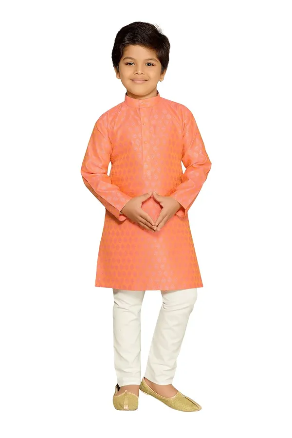 Peach_Kids_Boys_Jacquard_Silk_Kurta_And_Pyjama_Set