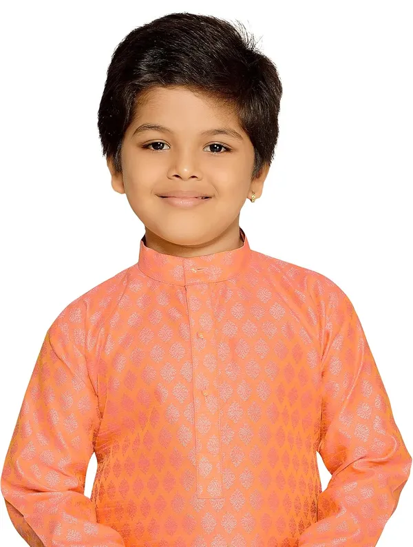 Peach_Kids_Boys_Jacquard_Silk_Kurta_And_Pyjama_Set