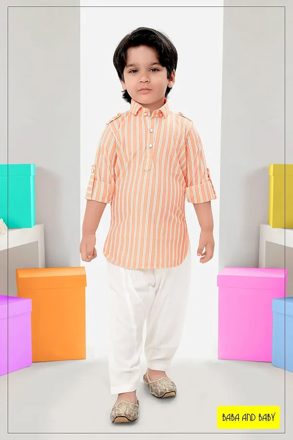 Orange_Striped_Cotton_Boys_Pathani_Suit
