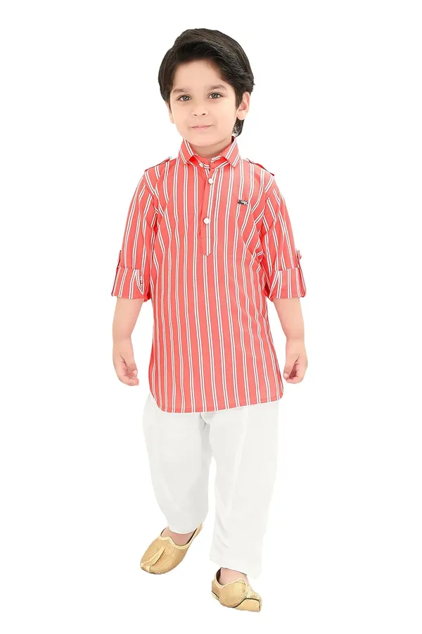 Peach_Striped_Cotton_Boys_Pathani_Suit