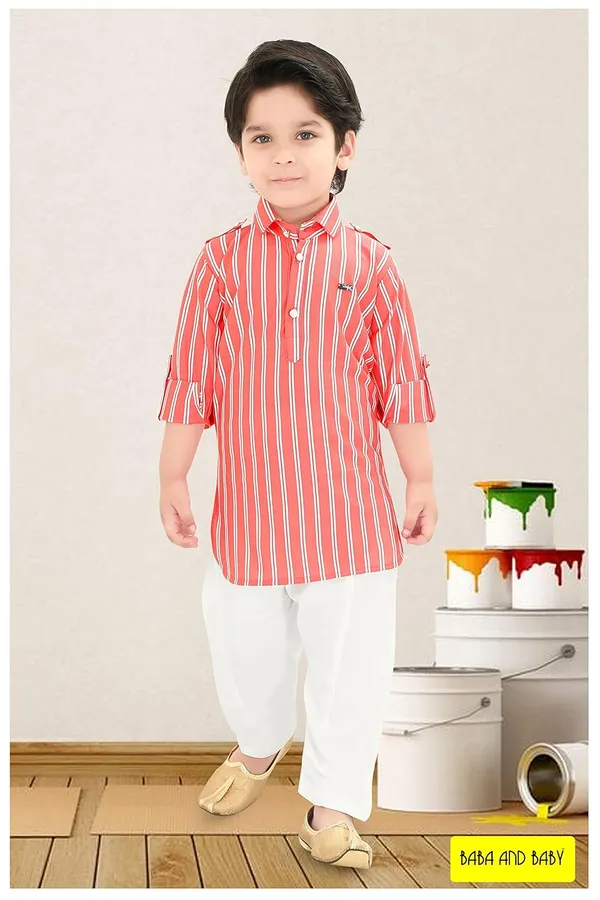 Peach_Striped_Cotton_Boys_Pathani_Suit