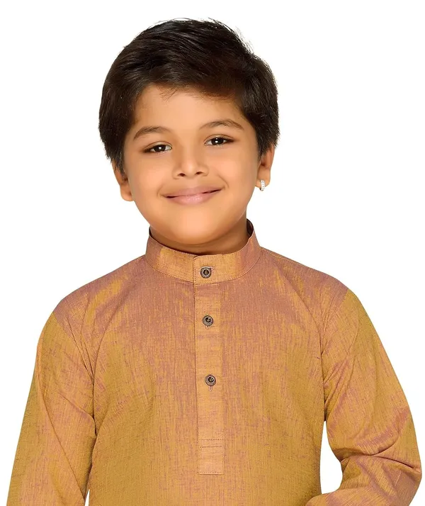 Gold_Wooden_Ethnic_Wear_Cotton_Kurta_Pyjama_Set_For_Boys