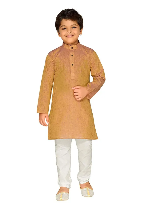 Gold_Wooden_Ethnic_Wear_Cotton_Kurta_Pyjama_Set_For_Boys