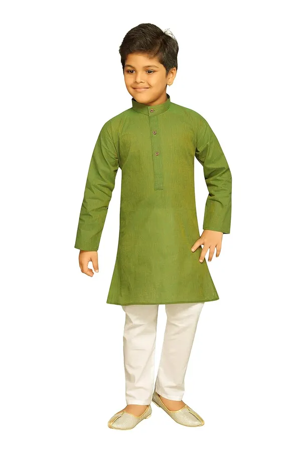 Mehendi_Green_Ethnic_Wear_Cotton_Kurta_Pyjama_Set_For_Boys