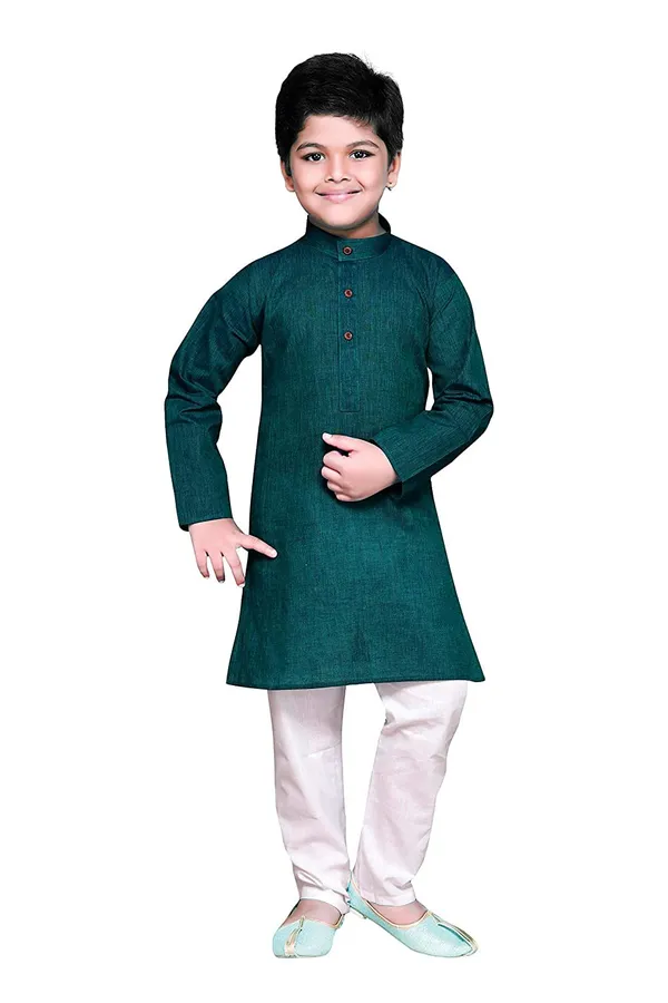 Peacock_Green_Ethnic_Wear_Cotton_Kurta_Pyjama_Set_For_Boys