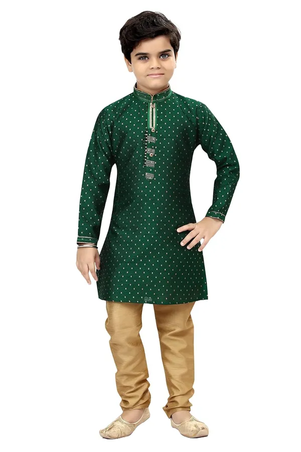 Bottle_Green_Boys_Traditional_Printex_Silk_Kurta_Pyjama_Set