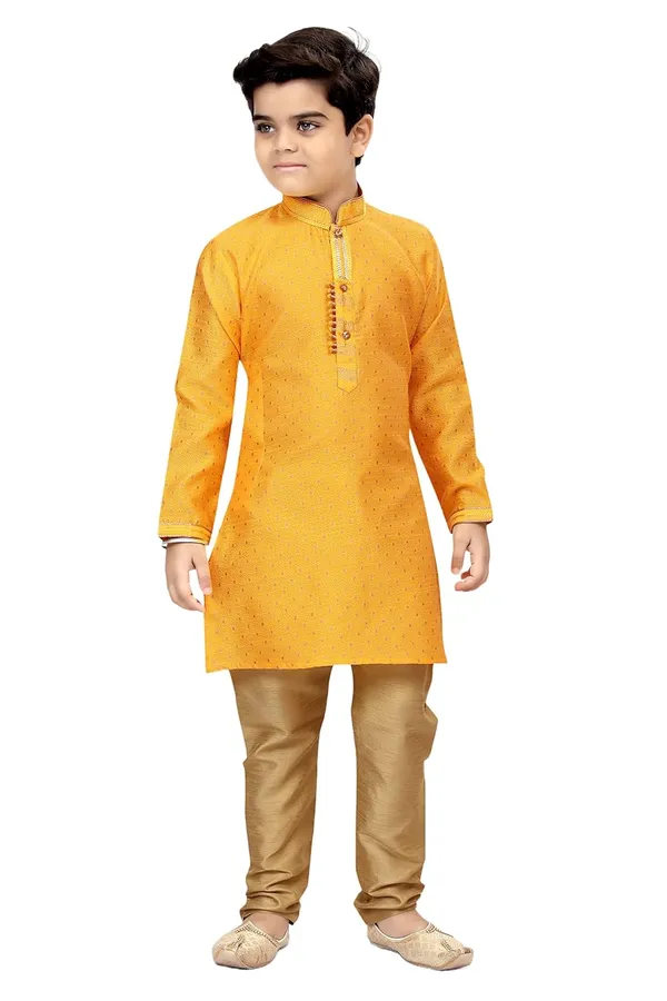 Yellow_Boys_Traditional_Printex_Silk_Kurta_Pyjama_Set